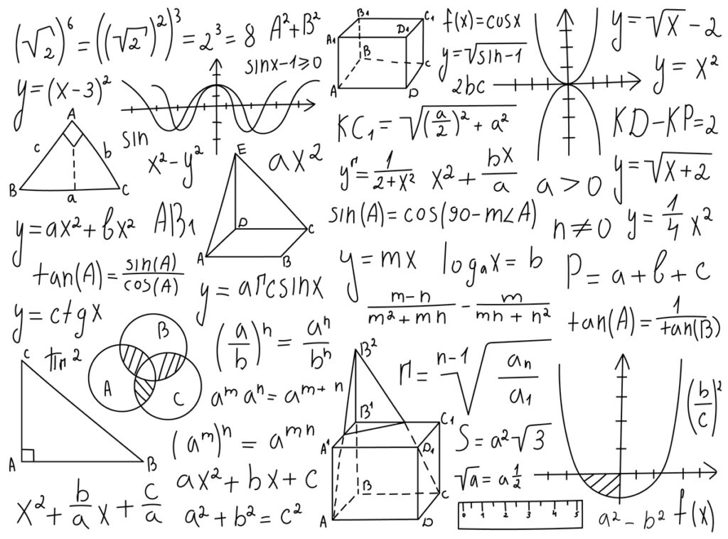 LAVAGNA BIANCA CON CONTI E FORME MATEMATICHE